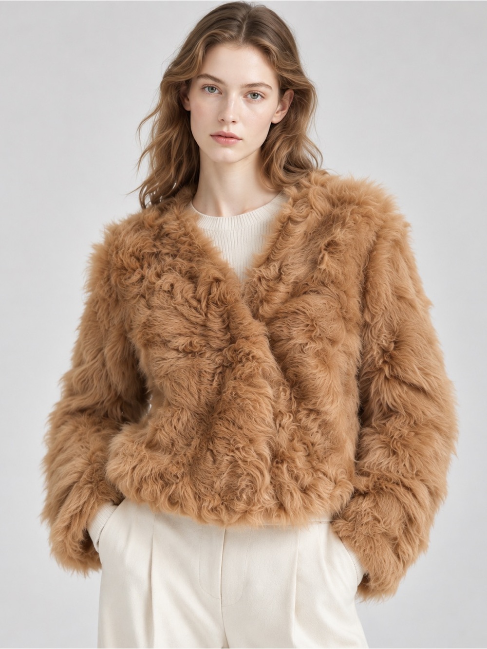 Shearling Vogue Plush Teddy Jacket in Camel Brown